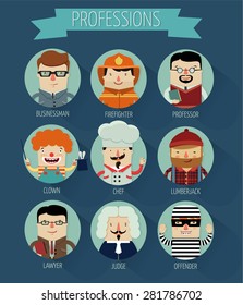 occupation set in circle, characters of professions, flat character design, vector illustration, professor, firefighter, lumberjack,  judge, offender, lawyer, businessman, clown, chef.