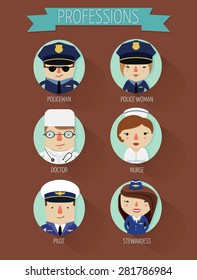 occupation set in circle, characters of professions, flat character design, vector illustration, policeman, police woman, doctor, nurse, pilot, stewardess