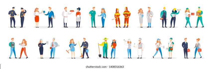 Occupation set. Collection of people couple in various uniform. Doctor and engineer, fireman and business person. Isolated flat vector illustration