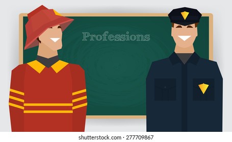 Occupation set, firefighter and policeman profession. Man in fire dept uniform standing at chalk board. Vector illustration