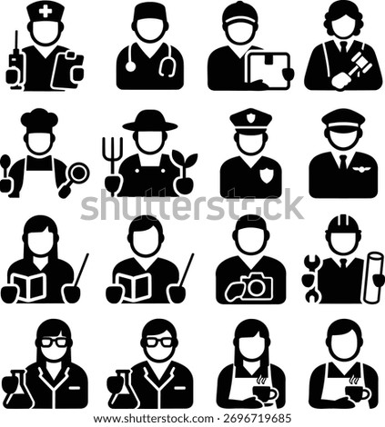 Occupation simple icons include doctor, police officer, teacher, scientist, etc.