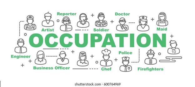 occupation vector banner design concept, flat style with thin line art icons on white background
