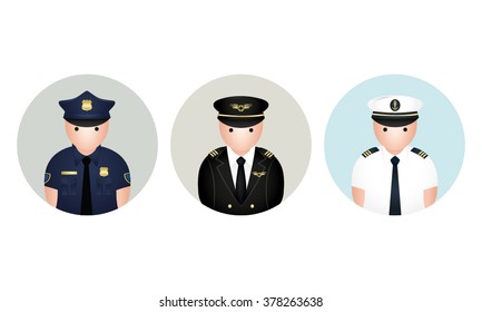 Occupation vector, circle background, policeman, pilot, captain, avatar, icon. Vector illustration.