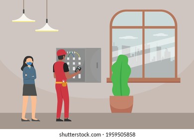 Occupation vector concept: The electrician repairing electrical circuit at home while standing with his female customer