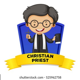 Occupation wordcard with christian priest illustration Stock Vector