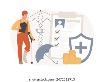 Occupational accident insurance isolated concept vector illustration. Occupational insurance coverage, industrial accident, broken leg, employee health, worker injury, builder vector concept.