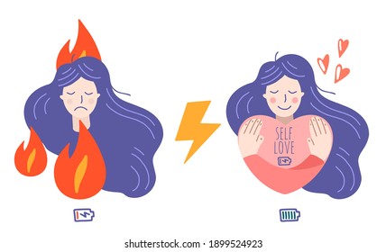 Occupational burnout syndrome and mental health prevention, recovery. Stressful girl and happy girl. Well-being, self love concept. Flat cartoon vector illustration.