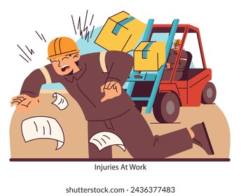 Occupational hazards highlighted. A striking vector illustration that portrays a warehouse worker experiencing a painful accident. Flat vector illustration.