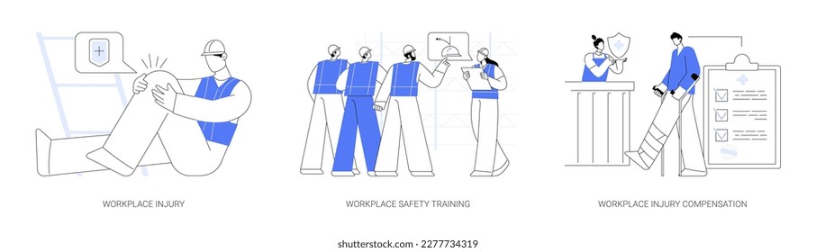 Conjunto de ilustraciones vectoriales del concepto abstracto de salud ocupacional. Daños en el lugar de trabajo, capacitación en seguridad, compensación por lesiones en el trabajo, caso de seguro, metáfora abstracta de accidentes de trabajo.