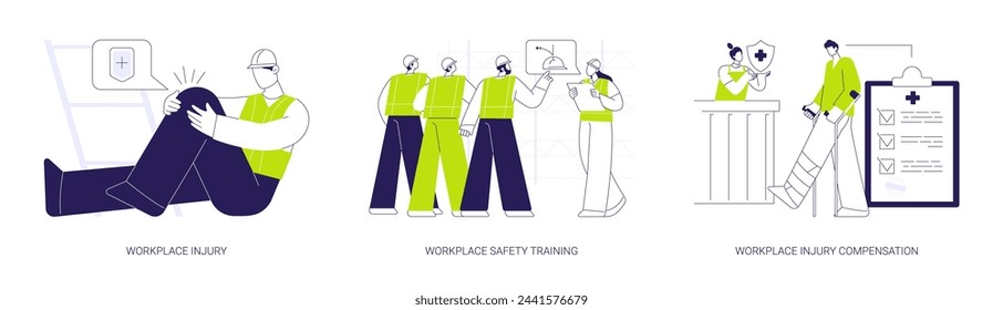 Occupational health abstract concept vector illustration set. Workplace injury, safety training, employee getting injury compensation at work, insurance case, job accident abstract metaphor.