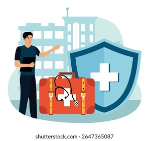 Occupational health concept. Medical expert presenting healthcare security concept, featuring first aid elements against an urban backdrop.