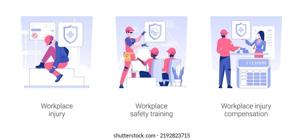 Occupational Health Isolated Concept Vector Illustration Set. Workplace Injury, Safety Training, Employee Getting Injury Compensation At Work, Insurance Case, Job Accident Vector Cartoon.