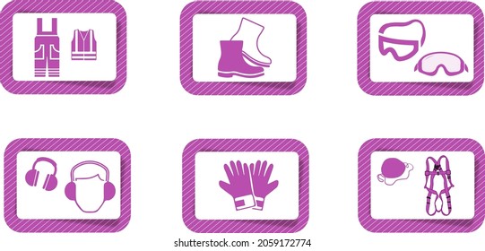 Occupational health and safety equipment icons, construction vest, protective boot, safety glasses, ear muffs, gloves, dust mask, belt