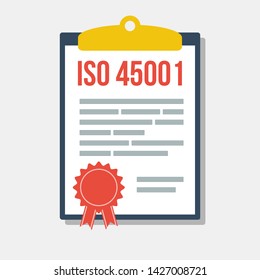 occupational health and safety management system certificate in clipboard, flat vector illustration