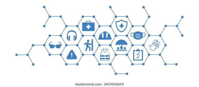 Ilustración del vector de salud y seguridad ocupacional. Concepto azul con íconos relacionados con la prevención de riesgos, la protección contra accidentes en el lugar de trabajo, el equipo de seguridad, el equipo, la precaución en situaciones peligrosas