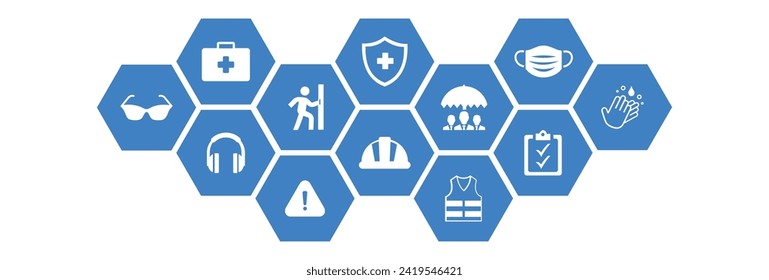 Occupational health and safety vector illustration. Blue concept with icons related to hazard prevention, accident protection in the workplace, safety equipment , gear, caution in dangerous situations