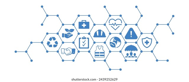 Occupational health and safety vector illustration. Blue concept with icons related to hazard prevention, accident protection in the workplace, safety equipment , gear, caution in dangerous situations