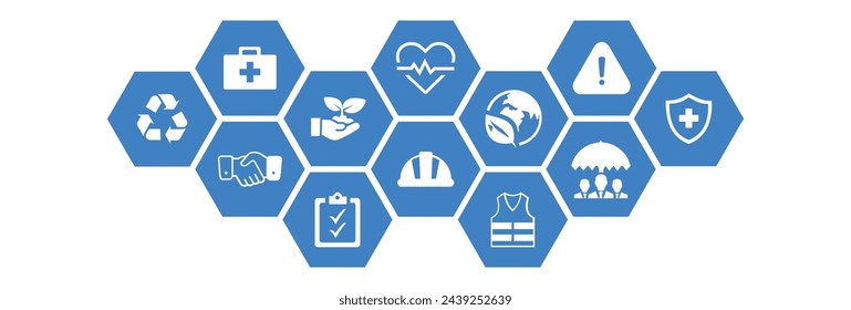 Occupational health and safety vector illustration. Blue concept with icons related to hazard prevention, accident protection in the workplace, safety equipment , gear, caution in dangerous situations