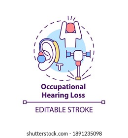 Occupational hearing loss concept icon. Occupational sickness. Problems with ears while working idea thin line illustration. Vector isolated outline RGB color drawing. Editable stroke