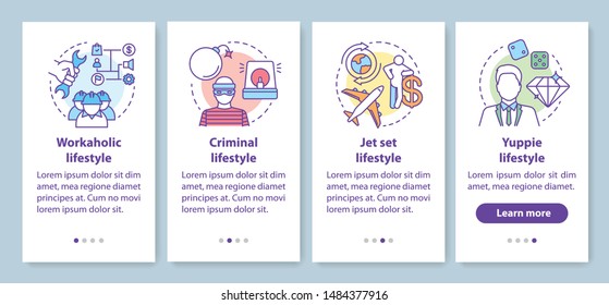 Occupational lifestyle types onboarding mobile app page screen with linear concepts. Workaholic, criminal, yuppie walkthrough steps graphic instructions. UX, UI, GUI vector template with icons