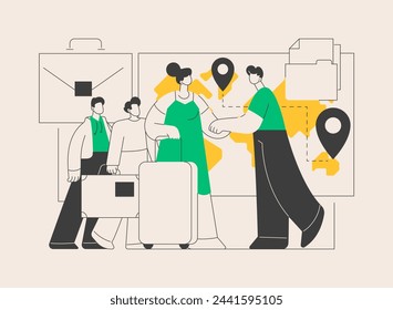 Occupational migration abstract concept vector illustration. Application form, work and travel, crowd of refugees, child migrant workers, foreign citizens, people arriving abstract metaphor.