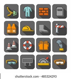 Occupational safety, badges, contour, color, gray background. Vector flat icons with protective clothing and items of human security. Color linear image on a gray background with shadow. 