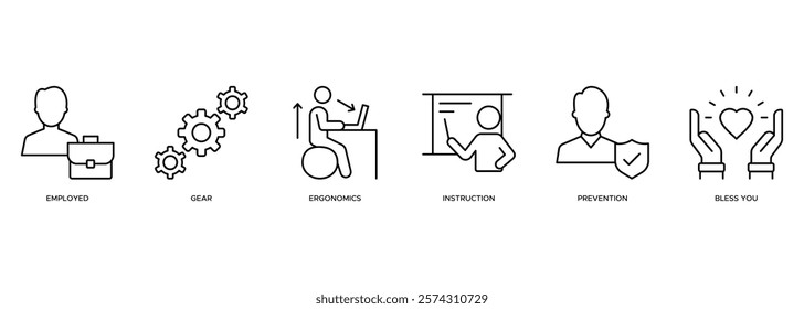 Occupational safety banner web illustration concept with the icon of employed, gear, ergonomics, instruction, prevention and bless you