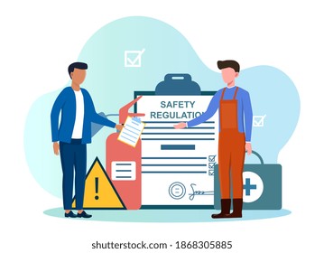 Occupational Safety And Health Administration. Abstract Concept Of Government Public Service Worker Protecting From Health And Safety Hazards While At Work. Flat Cartoon Vector Illustration