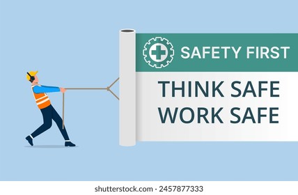 Occupational safety and health administration, caution work hazards, danger surveillance, zero accident concept. A worker pulling white curtain with the text safety first