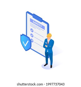 Occupational safety and health concept. A man in a construction helmet with a document on a white background. Flat vector isometric illustration.