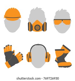 Occupational Safety and Health vector icons and signs set. Protective helmet goggles, footwear, and respirator from radiation, chemical, and bio dangerous.