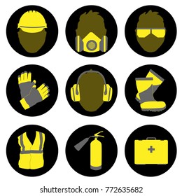 Occupational Safety and Health vector icons and signs set. Protective helmet goggles, footwear, and respirator from radiation, chemical, and bio dangerous.