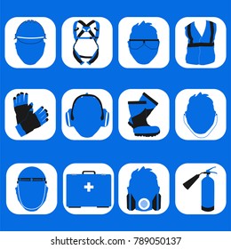 Occupational Safety and Health vector icons and signs set. Protective helmet goggles, footwear, and respirator from radiation, chemical, and bio dangerous.