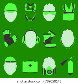 Occupational Safety and Health vector icons and signs set. Protective helmet goggles, footwear, and respirator from radiation, chemical, and bio dangerous.