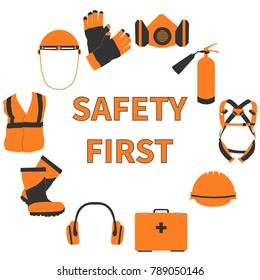 Occupational Safety and Health vector icons and signs set. Protective helmet goggles, footwear, and respirator from radiation, chemical, and bio dangerous.