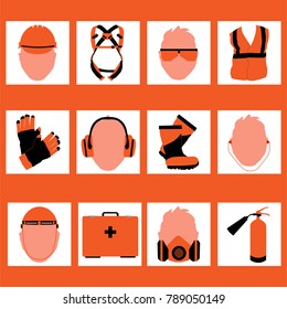 Occupational Safety and Health vector icons and signs set. Protective helmet goggles, footwear, and respirator from radiation, chemical, and bio dangerous.