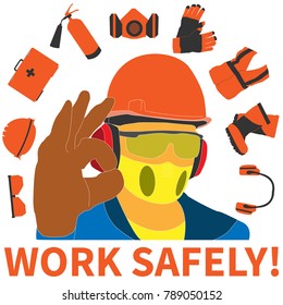 Occupational Safety and Health vector icons and signs set. Protective helmet goggles, footwear, and respirator from radiation, chemical, and bio dangerous.