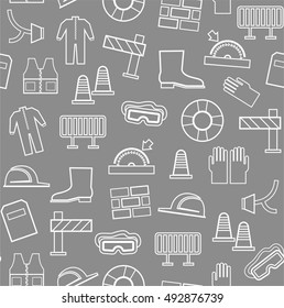 Occupational safety, seamless pattern, gray, white outline. Vector, contour drawings of workwear and safety items on a gray background. 