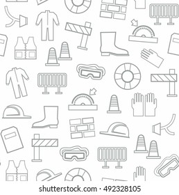 Occupational safety, seamless pattern, grey pattern, white background. Vector, contour drawings of workwear and safety items on a white background. 