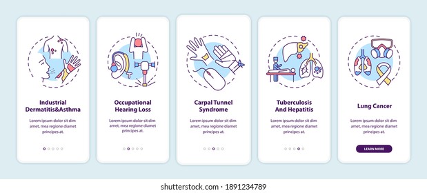 Occupational sickness onboarding mobile app page screen with concepts. Industrial dermatitis asthma walkthrough 5 steps graphic instructions. UI vector template with RGB color illustrations