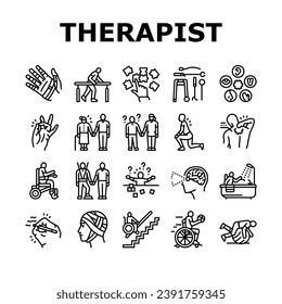 occupational therapist health icons set vector. therapy physical care, physiotherapist assistance, professional doctor occupational therapist health black contour illustrations