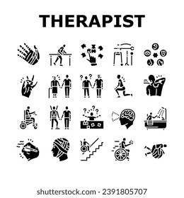 occupational therapist health icons set vector. therapy physical care, physiotherapist assistance, professional doctor occupational therapist health glyph pictogram Illustrations