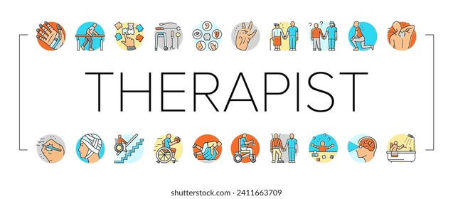 occupational therapist health icons set vector. therapy physical care, physiotherapist assistance, professional doctor occupational therapist health color line illustrations