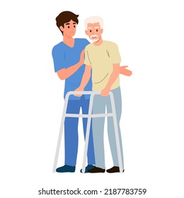 Occupational Therapist Helping Elderly Patient Walking With Walker And Rehabilitation. Physiotherapy Treatment For People With Physical Disabilities. Flat Graphic Vector Illustration.