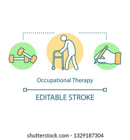 Occupational therapy concept icon. Nursing services idea thin line illustration.  Rehabilitation treatment. Rehab center. Сare for injured people. Vector isolated outline drawing. Editable stroke