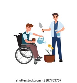 Occupational therapy in gardening activity rehabilitation session for disabled patient. Therapist training people on wheelchair watering the flowers.