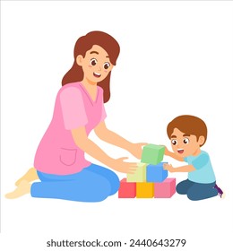 Occupational therapy treatment session on screening development of kids. Concept for pediatric clinic, pediatrician and learning in children. Vector illustration isolated on white background.