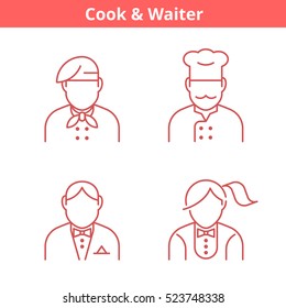 Occupations avatar set: cook, chef, waiter, baker. Flat line professions userpic collection. Vector thin outline icons for profiles, web design, social networks and infographics.