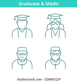 Occupations avatar set: doctor, medic, graduate, student. Flat line professions userpic collection. Vector thin outline icons for profiles, web design, social networks and infographics.