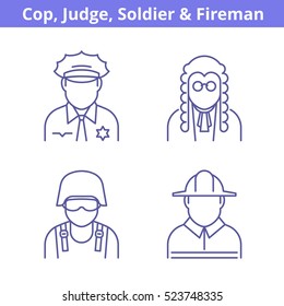 Occupations avatar set: judge, policeman, fireman, soldier. Flat line professions userpic collection. Vector thin outline icons for profiles, web design, social networks and infographics.